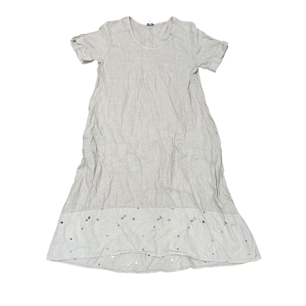 Rosemarine Linen Lagenlook Dress Women Large Beige Embroidered Eyelet Midi Italy